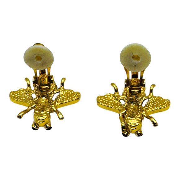 Vintage Bee Shaped Gold-Tone Clip-On Earrings W Rhinestones & Enamel Accents - Picture 6 of 8